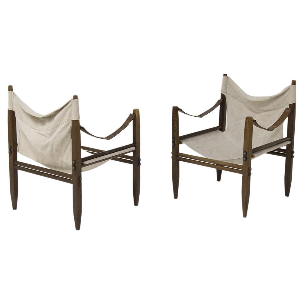 Pair of Safari Armchairs in Wood and Beige Fabric