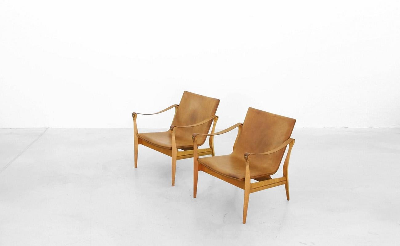 Leather Pair of Safari Chairs by Karen & Ebbe Clemmensen for Fritz Hansen, 1960 For Sale