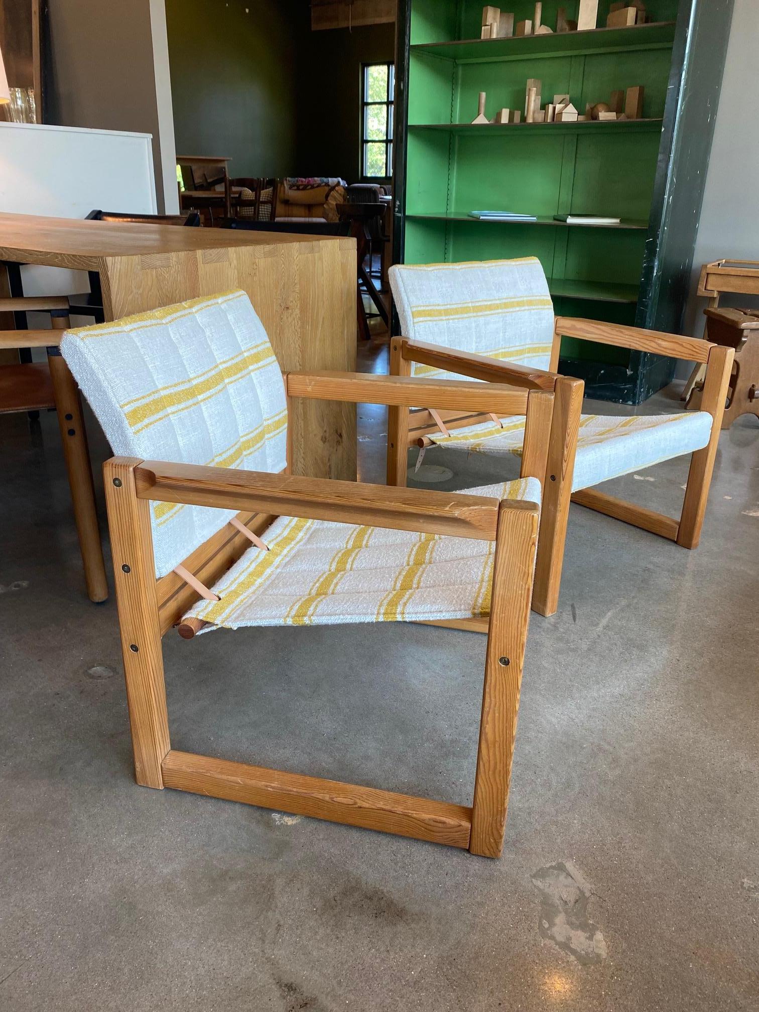 Scandinavian Modern Pair of Safari Chairs by Karin Mobring, New Linen + Leather, Sweden, 1970's For Sale