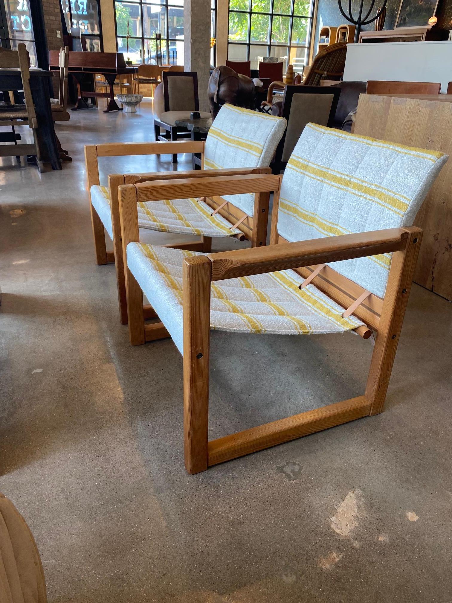Swedish Pair of Safari Chairs by Karin Mobring, New Linen + Leather, Sweden, 1970's For Sale