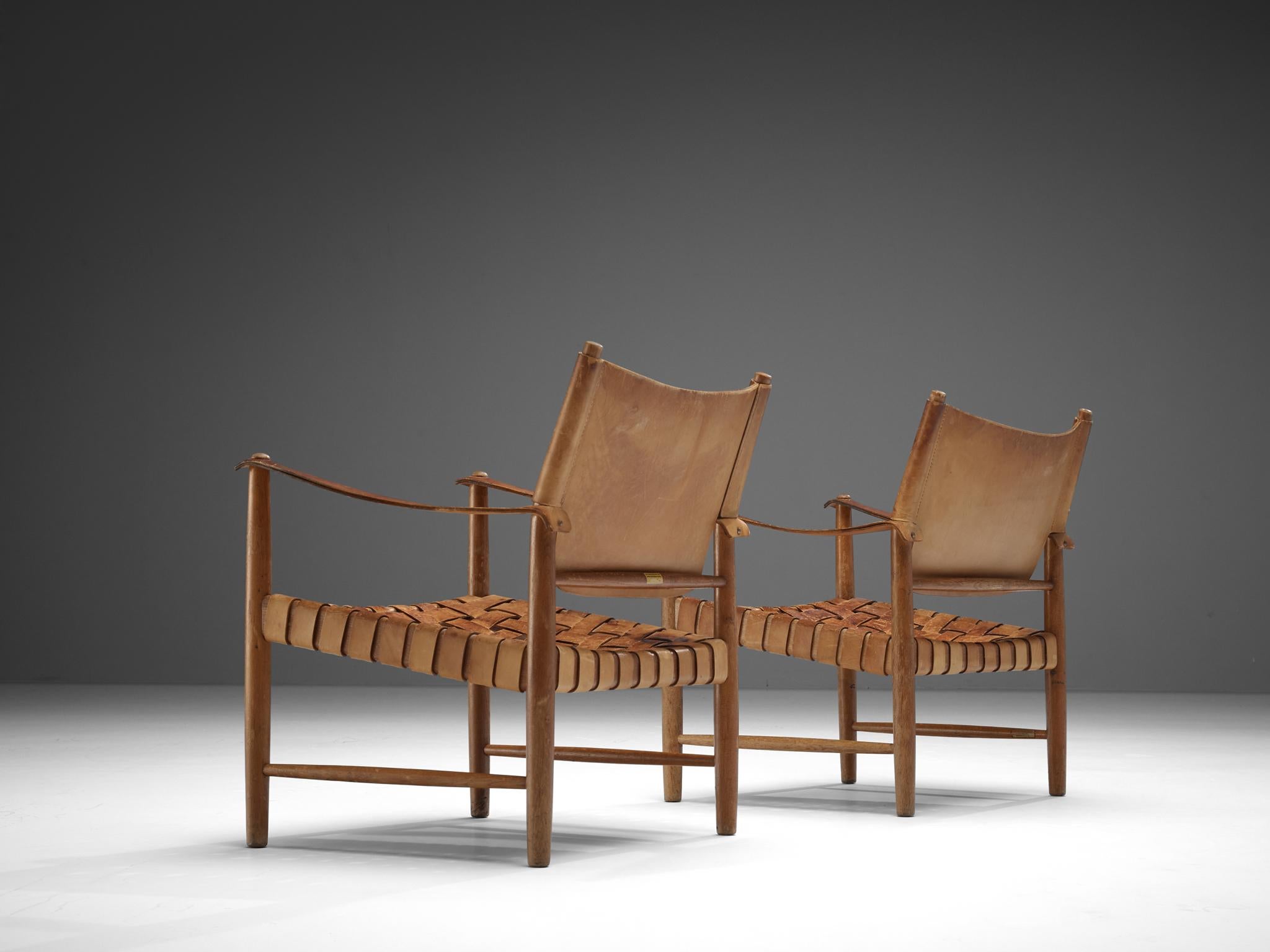 Paar Safari-Stühle aus cognacfarbenem Leder und Eiche  im Angebot 2