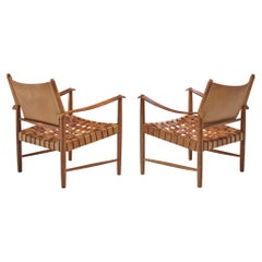 Retro Pair of Danish Safari Chairs in Cognac Leather and Oak 