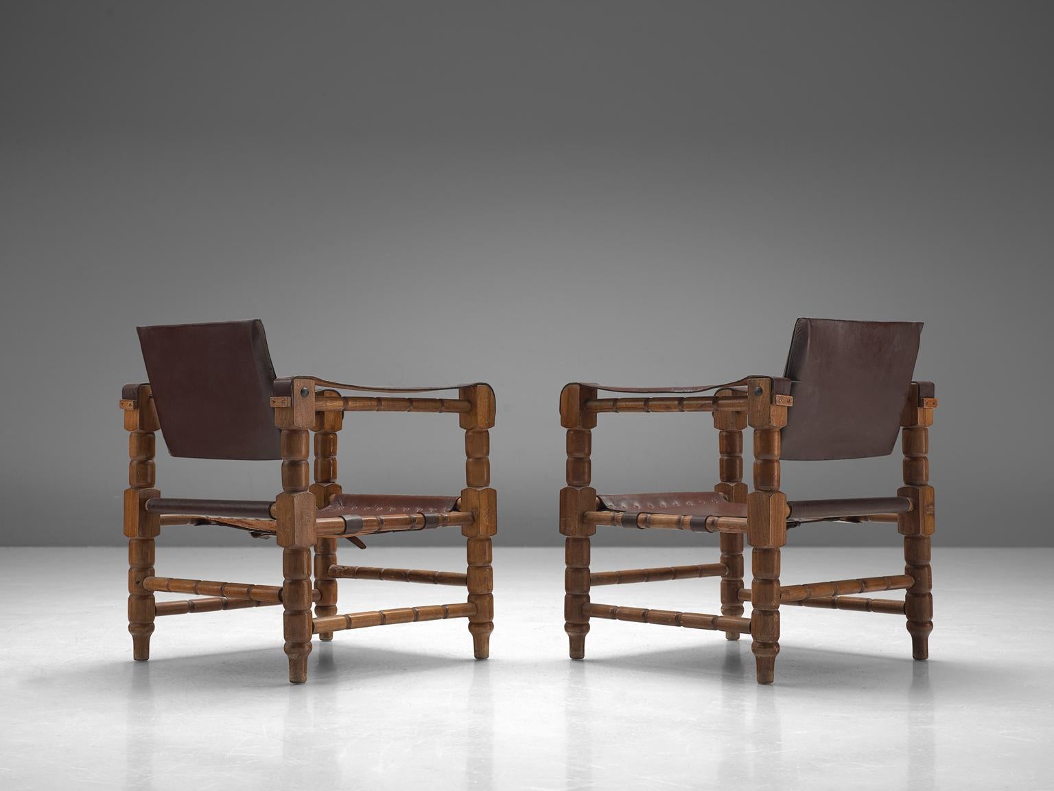 European Pair of Safari Chairs with Sculptural Wooden Frames