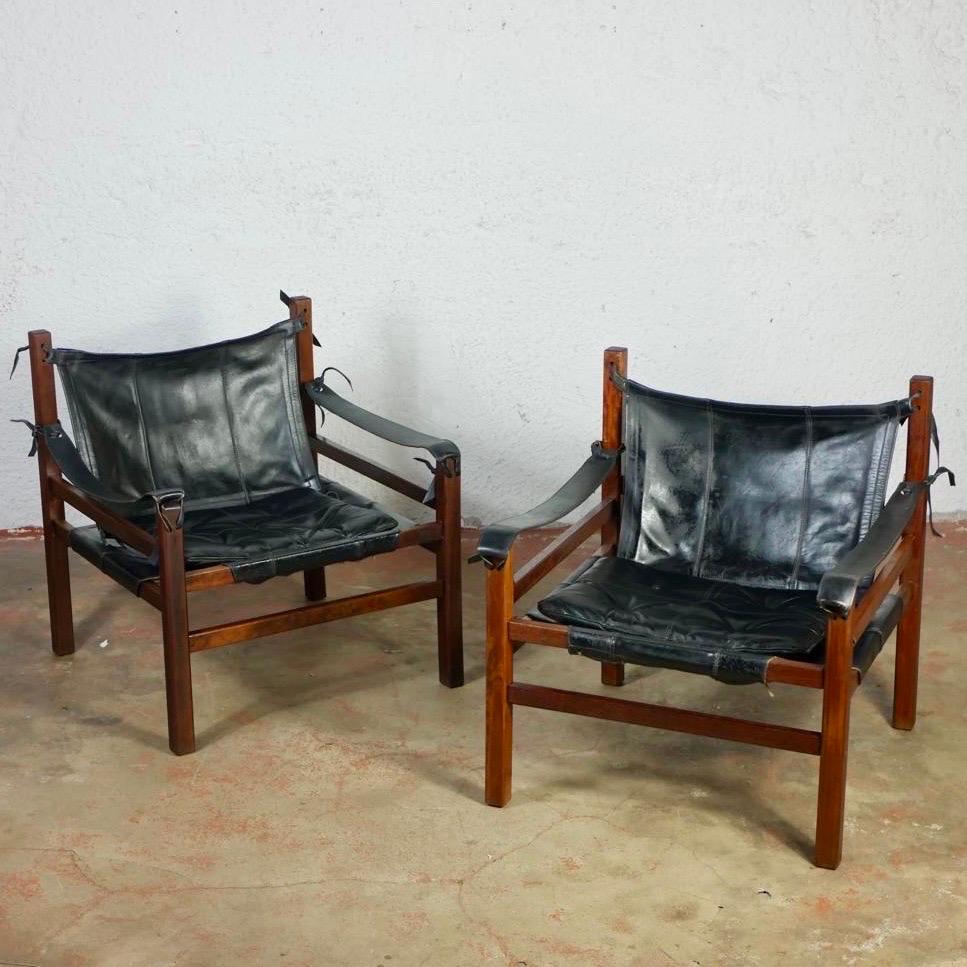 Swedish Pair of Safari leather armchairs in the style of Arne Norell, 1960s