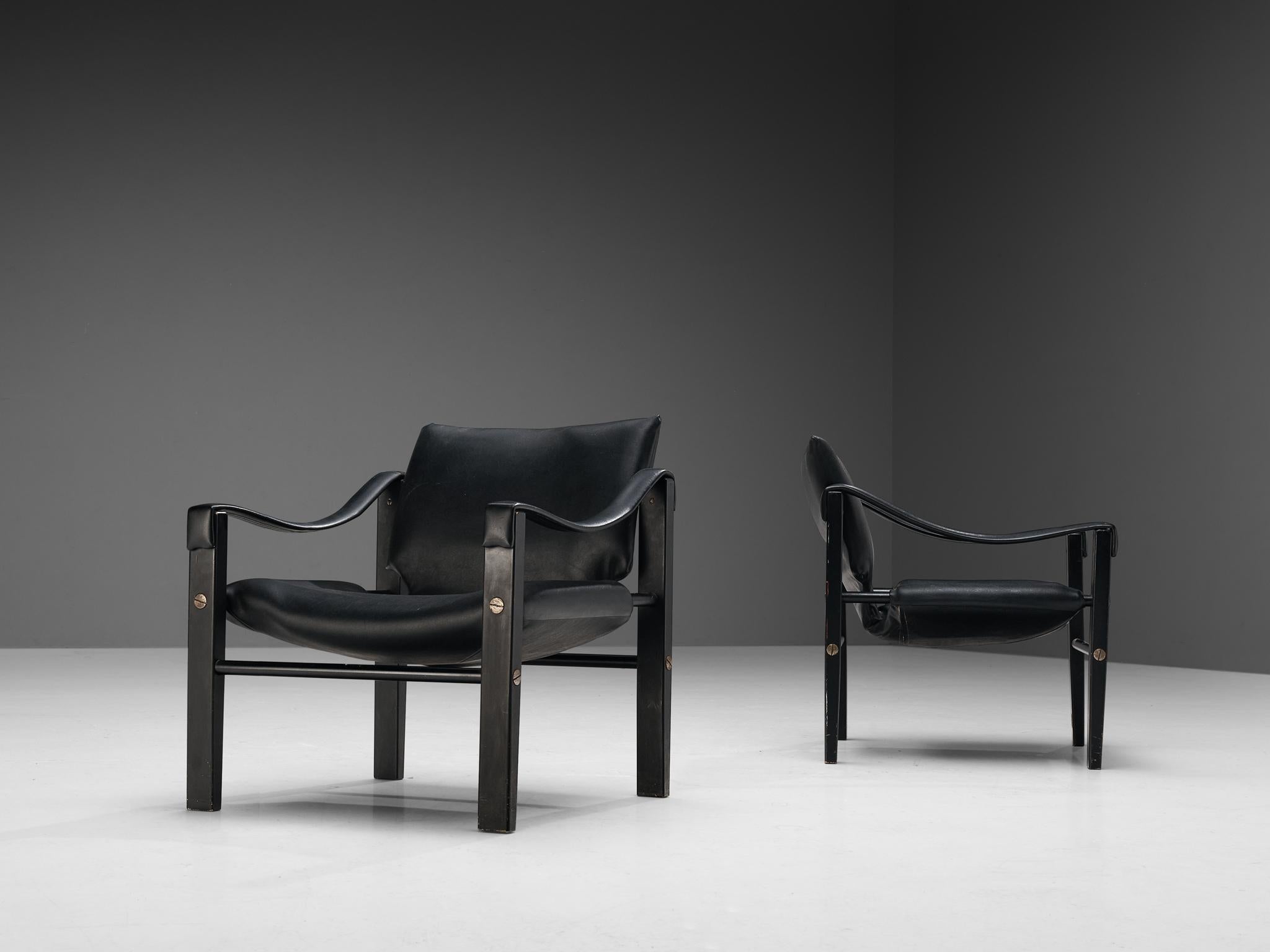 Mid-20th Century Pair of 'Safari' Lounge Chairs in Black Vinyl