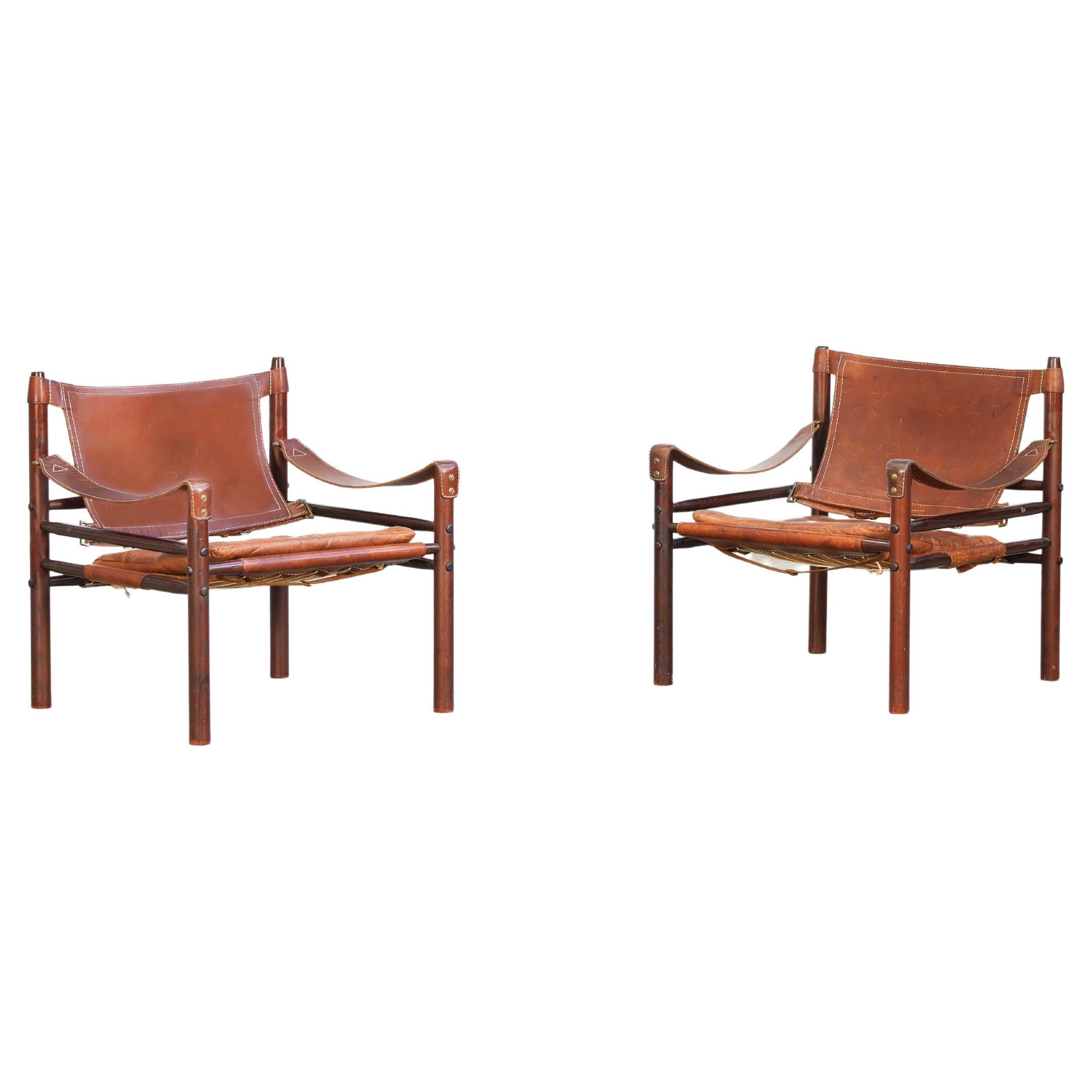 Pair of Safari Sirocco Chairs brown leather by Arne Norell for Norell AB, Sweden