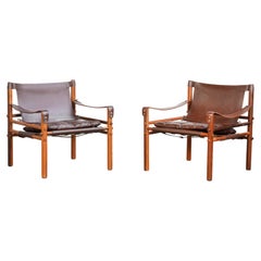 Pair of Safari Sirocco Chairs Brown Leather by Arne Norell for Norell AB, Sweden