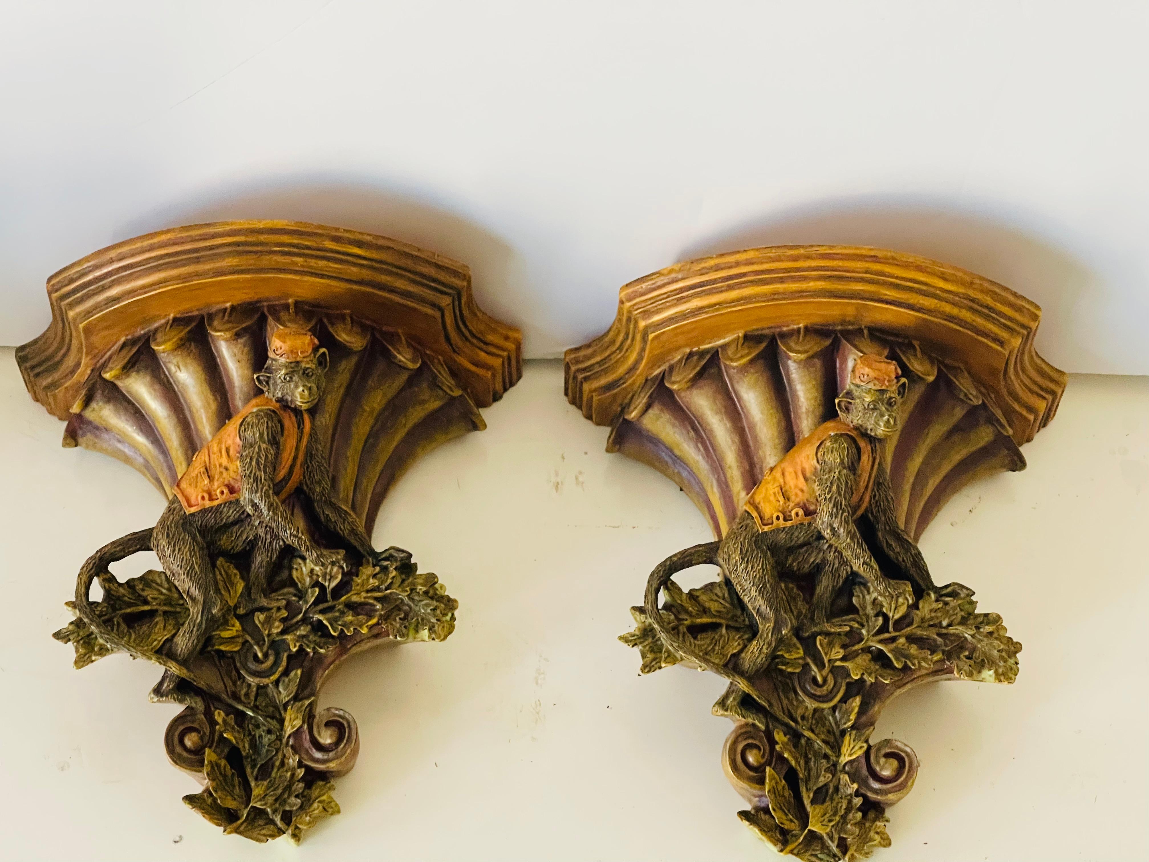 British Colonial Pair of Safari Style Brackets with Monkeys