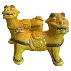 Antique Pair of Saffron and Green Glazed Foo Dogs
