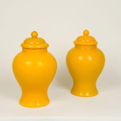 Pair of Saffron Yellow Glass Lidded Ginger Jars