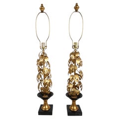 Pair of Safran & Glucksman Italian Tole Gold Gilt Monstera Topiary Table Lamps
