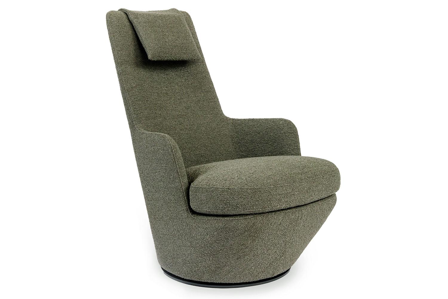 High turn high back self return swivel base lounge chair By Bensen.

Hi Turn is a high back lounge chair that swivels. Comfortable and tailored, it is a lovely addition to any space. Frame is structural metal with a flexible polyurethane body.