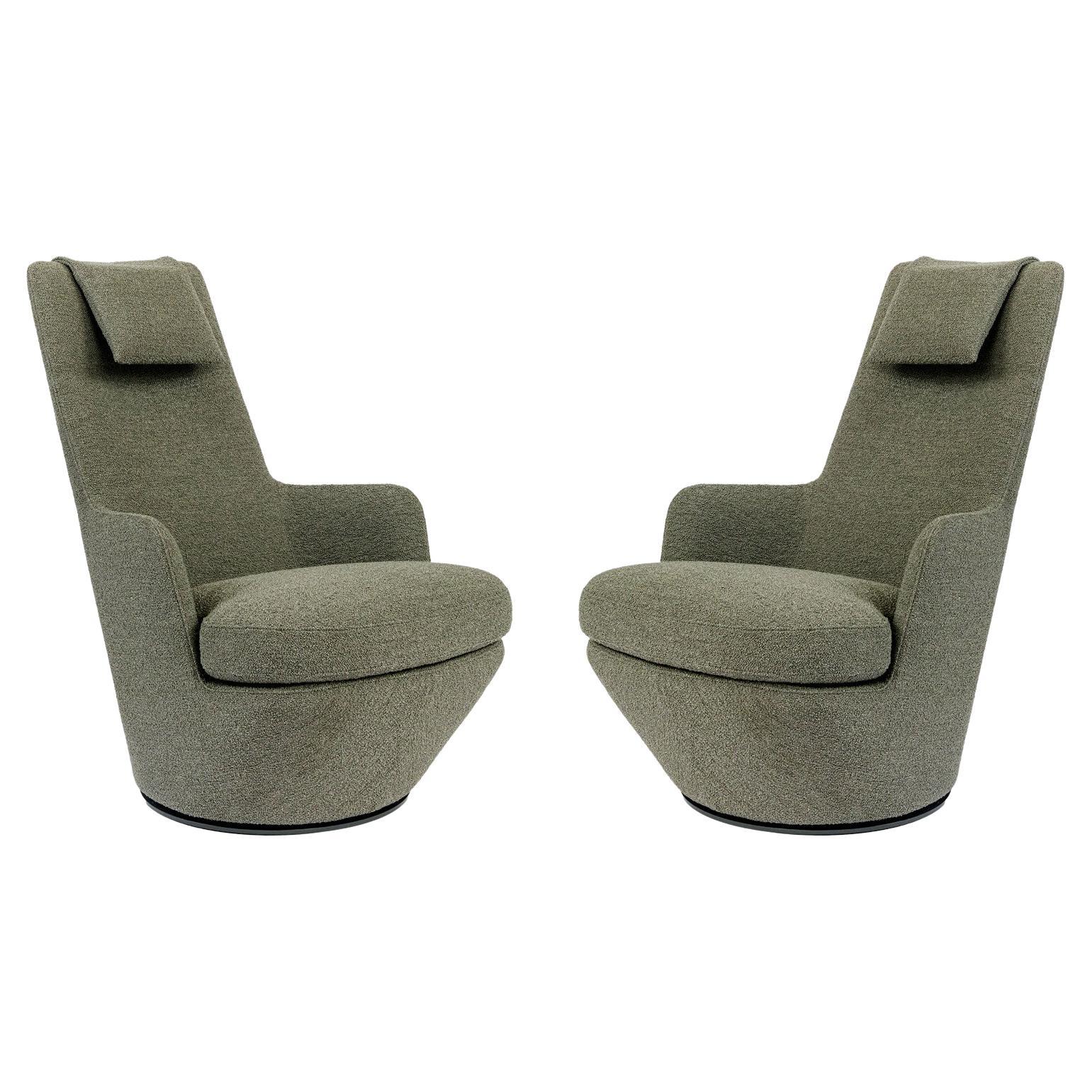 Pair of Sage Green Bouclé Swivel High Backed Lounge Chairs, Bensen
