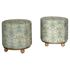 Pair of Sage Green Floral Pattern Ottomans by Morris & Co