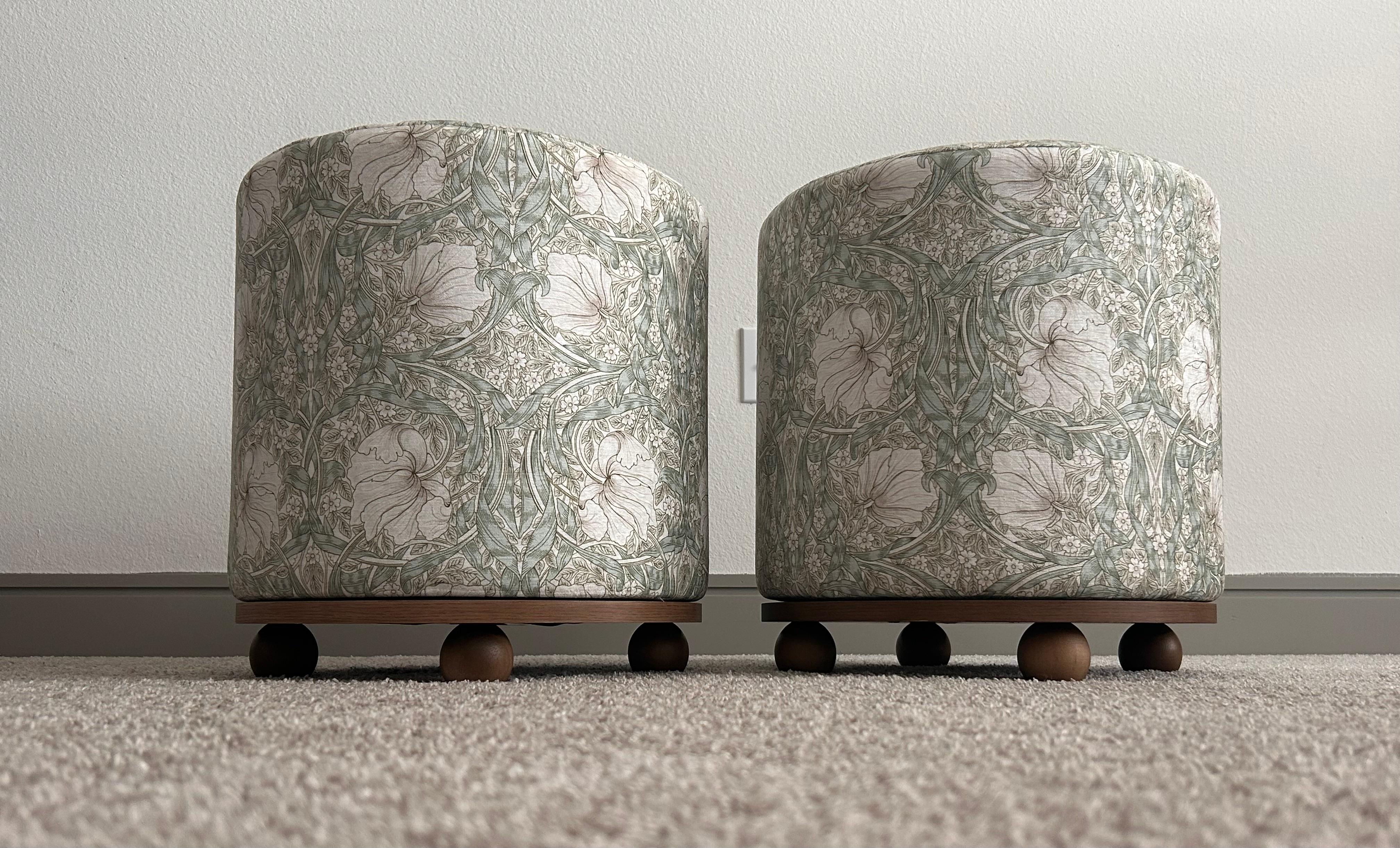 American Classical Pair of Sage Green Floral Pattern Swivel Ottomans by Morris & Co