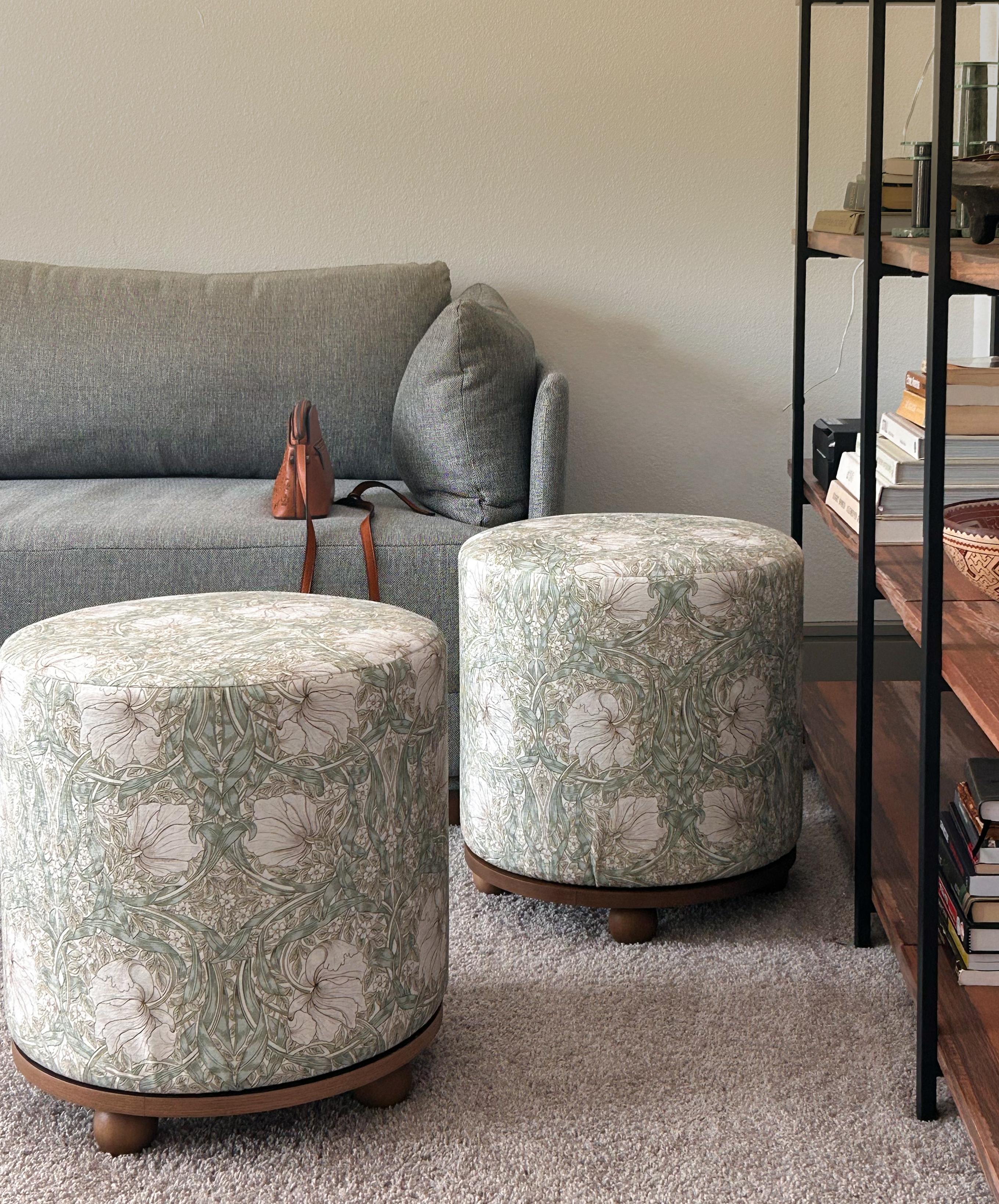 American Pair of Sage Green Floral Pattern Swivel Ottomans by Morris & Co