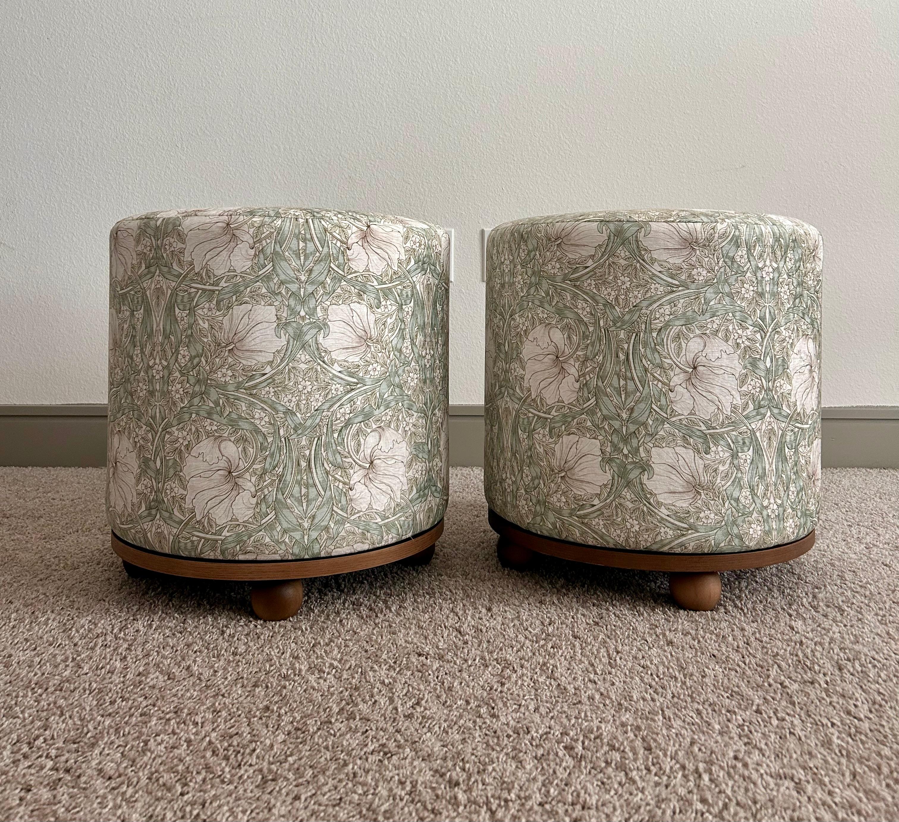 Pair of Sage Green Floral Pattern Swivel Ottomans by Morris & Co In Good Condition In Saint Petersburg, FL