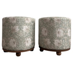 Pair of Sage Green Floral Pattern Swivel Ottomans by Morris & Co