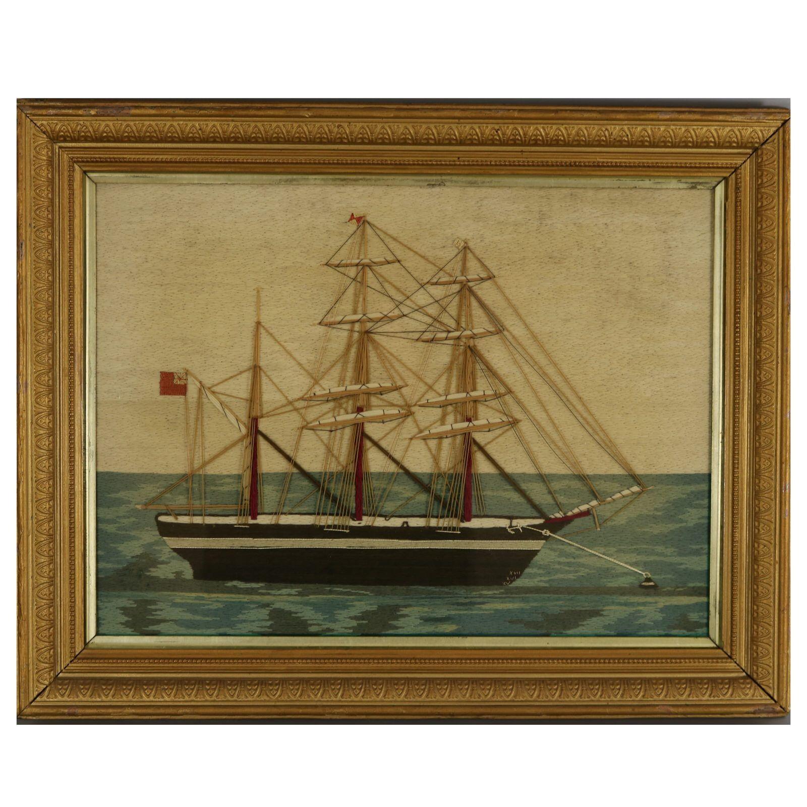 Pair of Sailors Woolwork Pictures of Man-of-War Ships For Sale 5