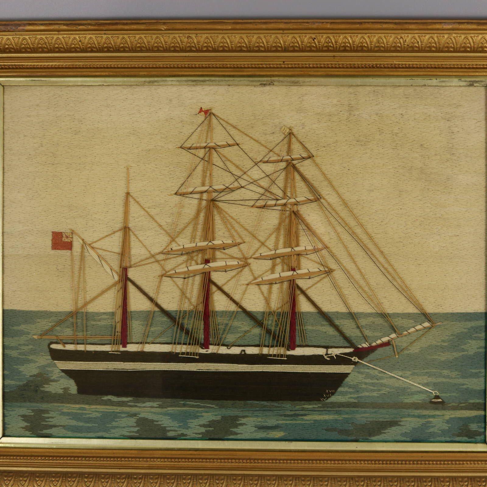 Pair of Sailors Woolwork Pictures of Man-of-War Ships For Sale 6