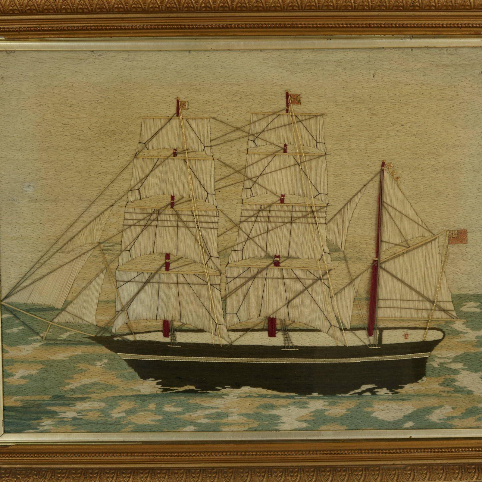 Victorian Pair of Sailors Woolwork Pictures of Man-of-War Ships For Sale