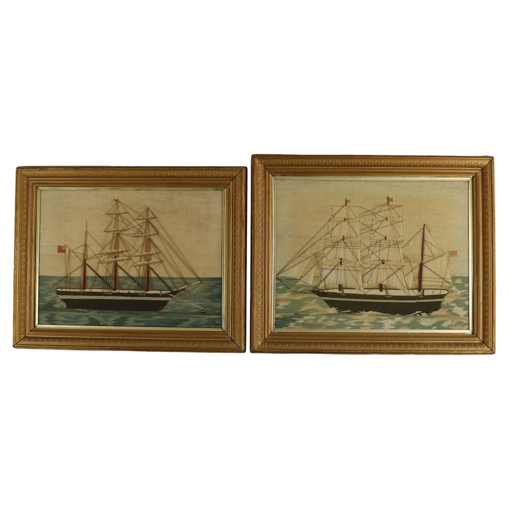 Pair of Sailors Woolwork Pictures of Man-of-War Ships For Sale
