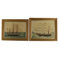 Antique Pair of Sailors Woolwork Pictures of Man-of-War Ships
