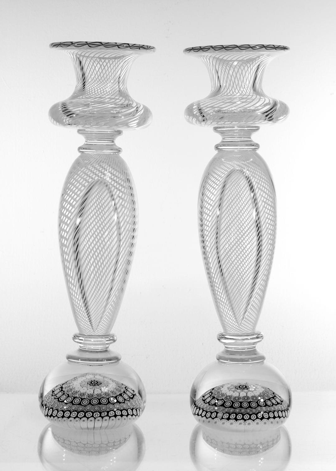 Pair of Saint Louis Glass Millefiori and Latticino Paperweight Candlesticks 6