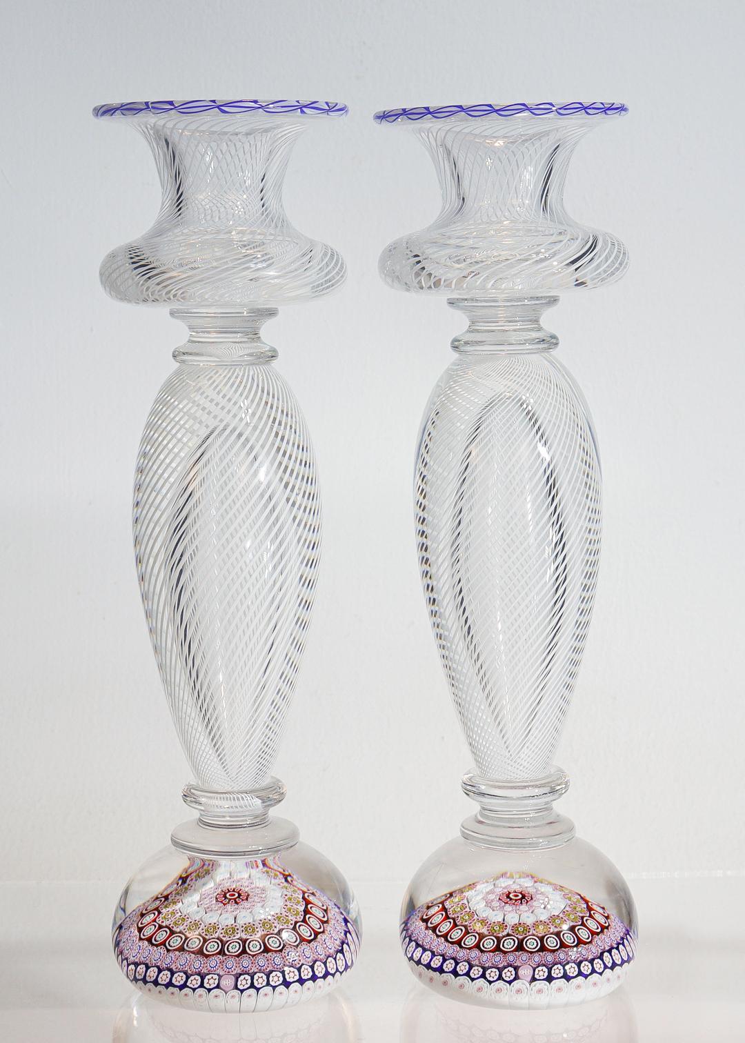 Pair of Saint Louis Glass Millefiori and Latticino Paperweight Candlesticks 7