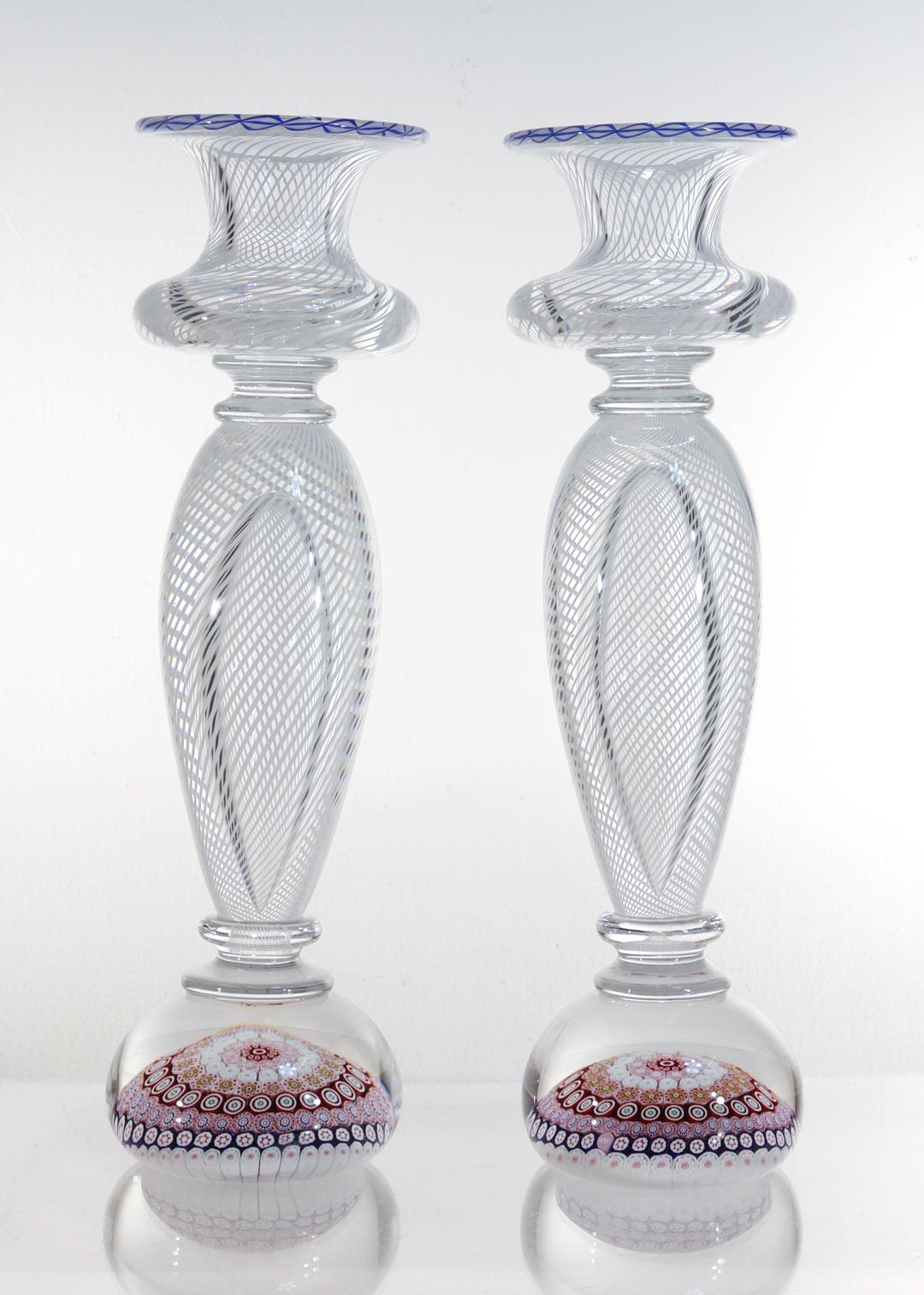 Pair of Saint Louis Glass Millefiori and Latticino Paperweight Candlesticks 10