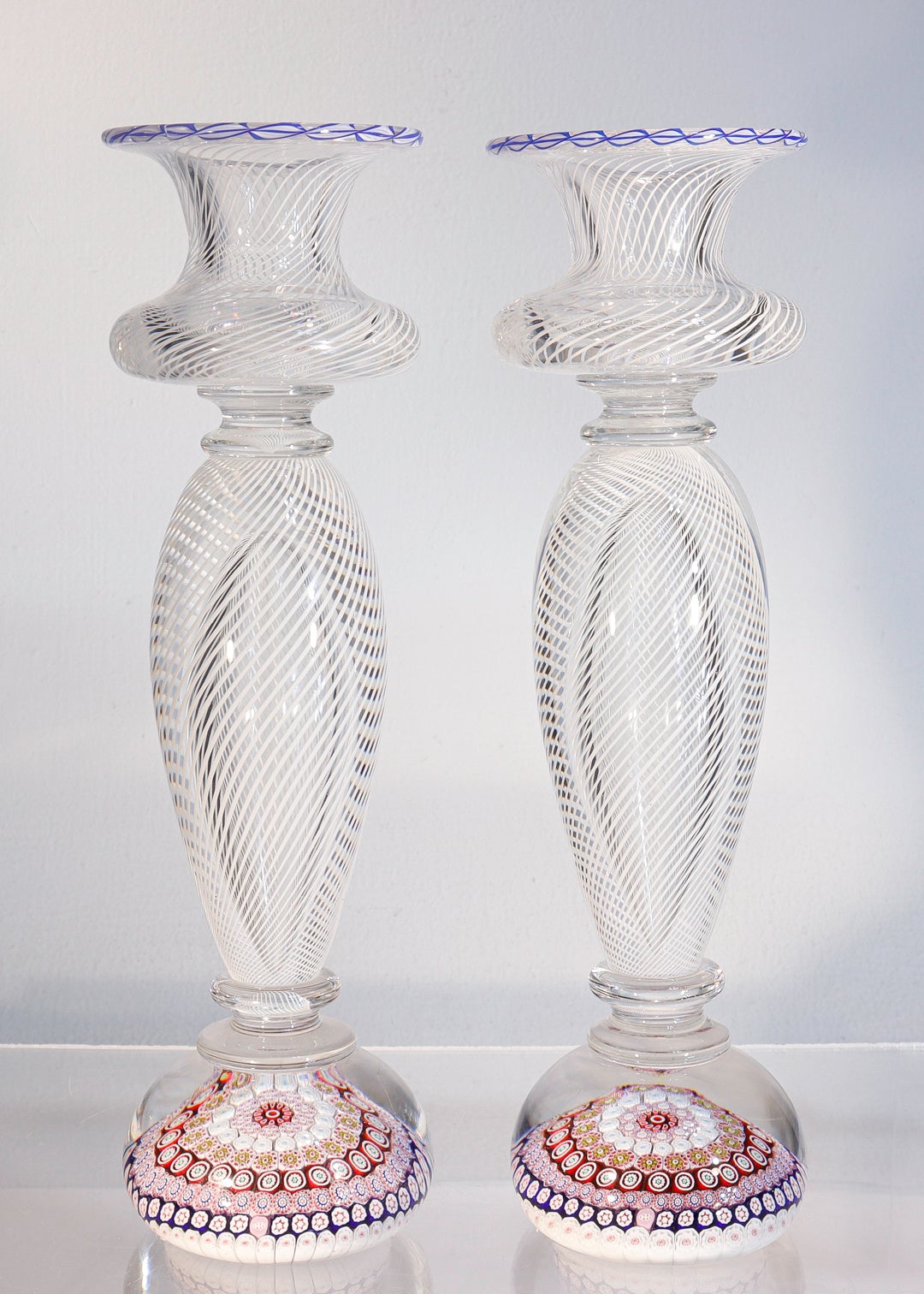 Modern Pair of Saint Louis Glass Millefiori and Latticino Paperweight Candlesticks