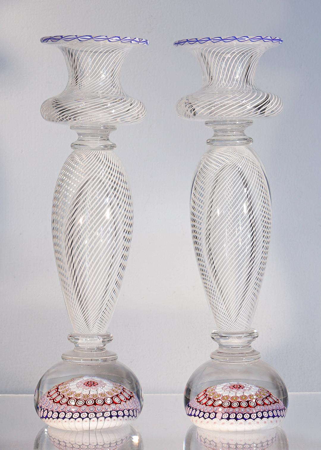 French Pair of Saint Louis Glass Millefiori and Latticino Paperweight Candlesticks
