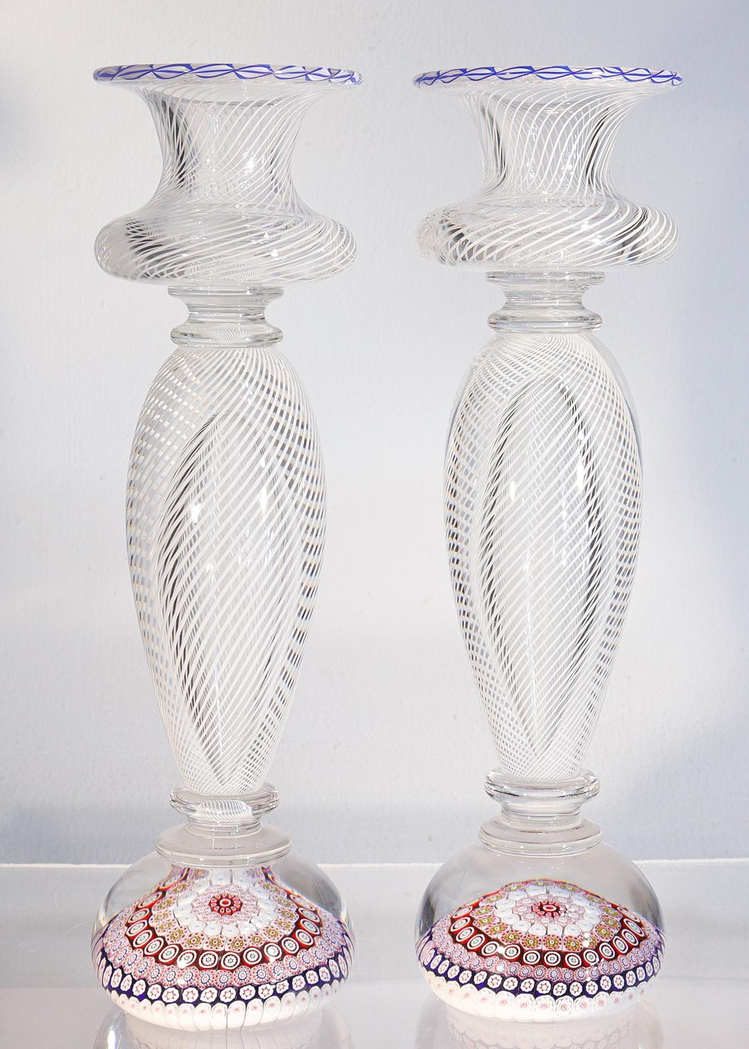 Pair of Saint Louis Glass Millefiori and Latticino Paperweight Candlesticks In Good Condition In Philadelphia, PA