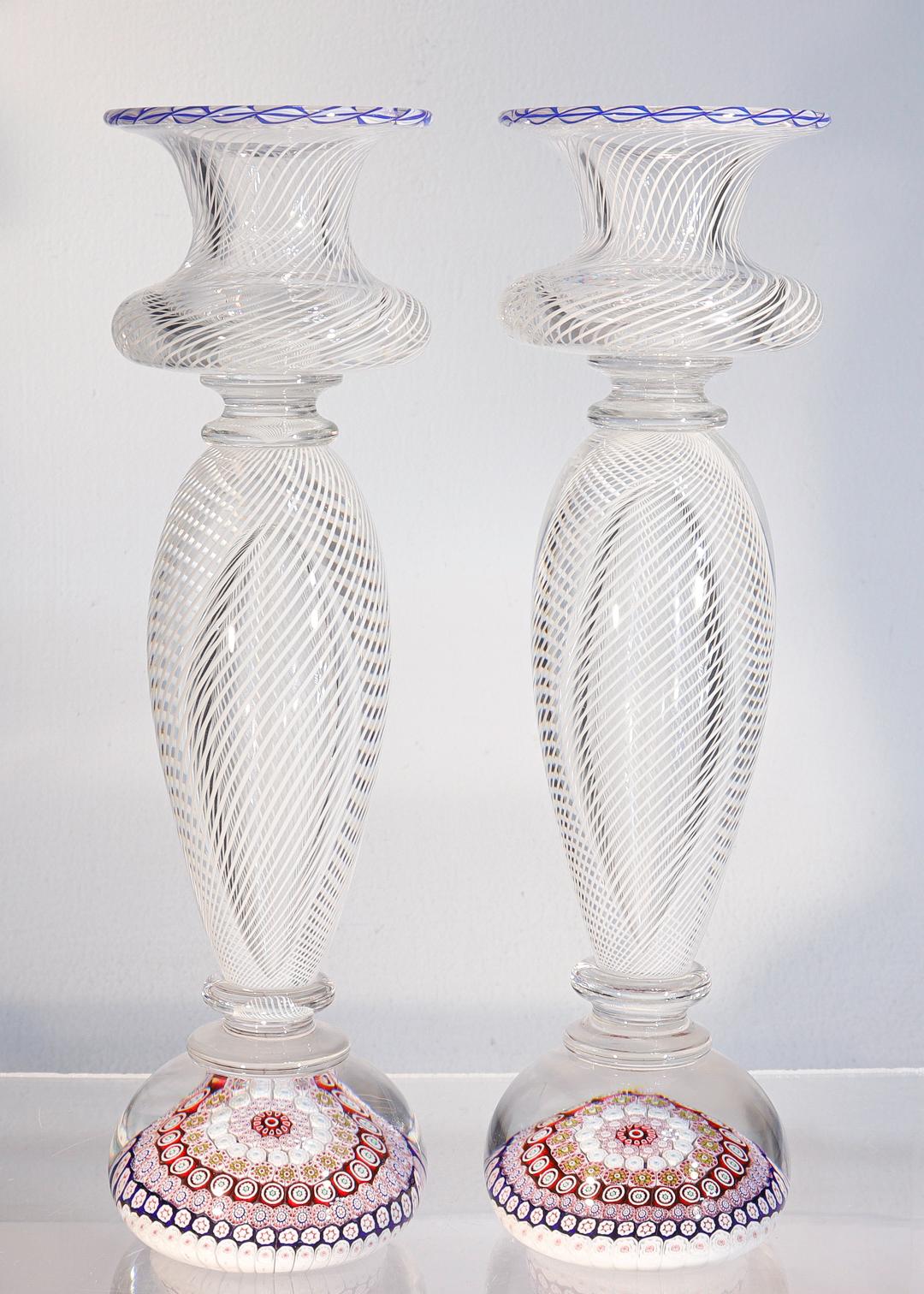 20th Century Pair of Saint Louis Glass Millefiori and Latticino Paperweight Candlesticks