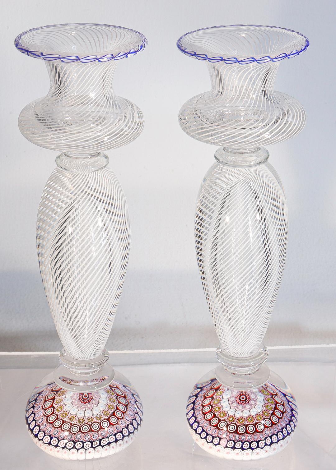 Pair of Saint Louis Glass Millefiori and Latticino Paperweight Candlesticks 1