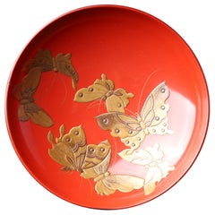 Pair of Sake Cups with Stand, Shitsusendo, Meiji Period, Red Lacquer with Gold M