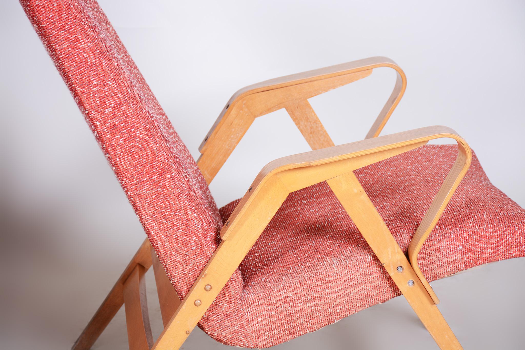 Fabric Pair of Salmon Midcentury Armchairs, Made by Tatra Pravenec, 1950s Czechia For Sale