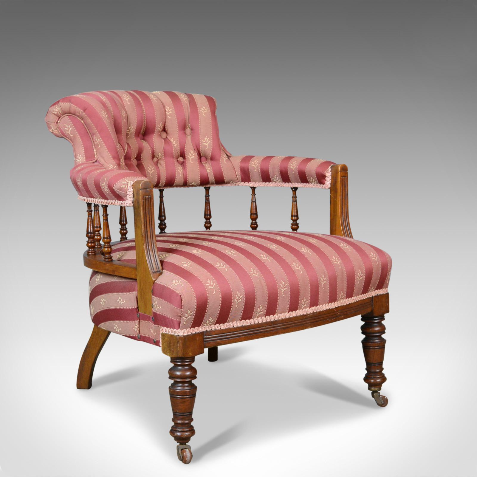 This is a pair of antique salon chairs, English, Edwardian scroll back bedroom armchairs displaying classical overtones and dating to circa 1910.

Sumptuous broad and plump comfortable seats
Well sprung and traditionally stuffed
Finished in a
