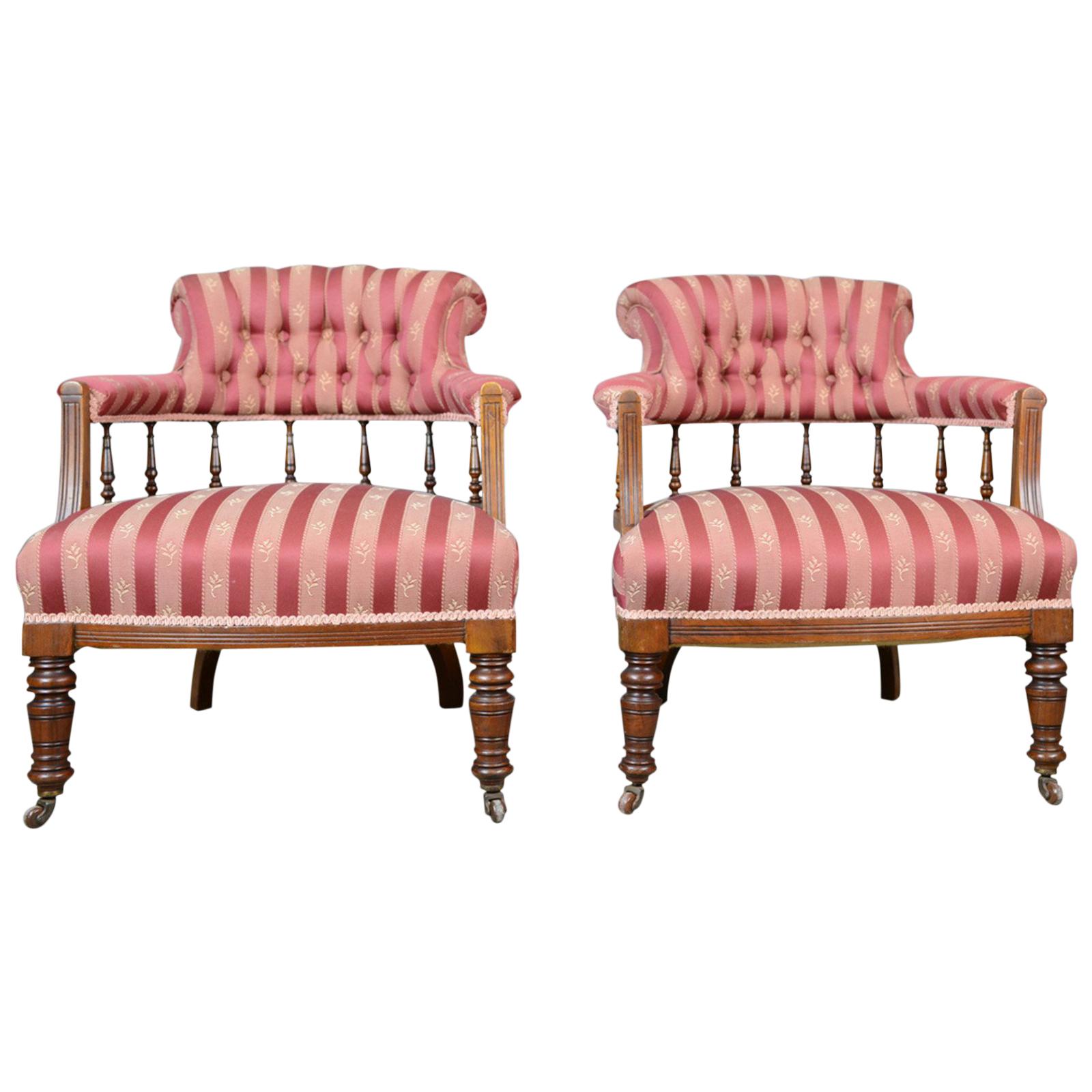 Pair of Salon Chairs, English, Edwardian, Scroll Back Armchairs, circa 1910