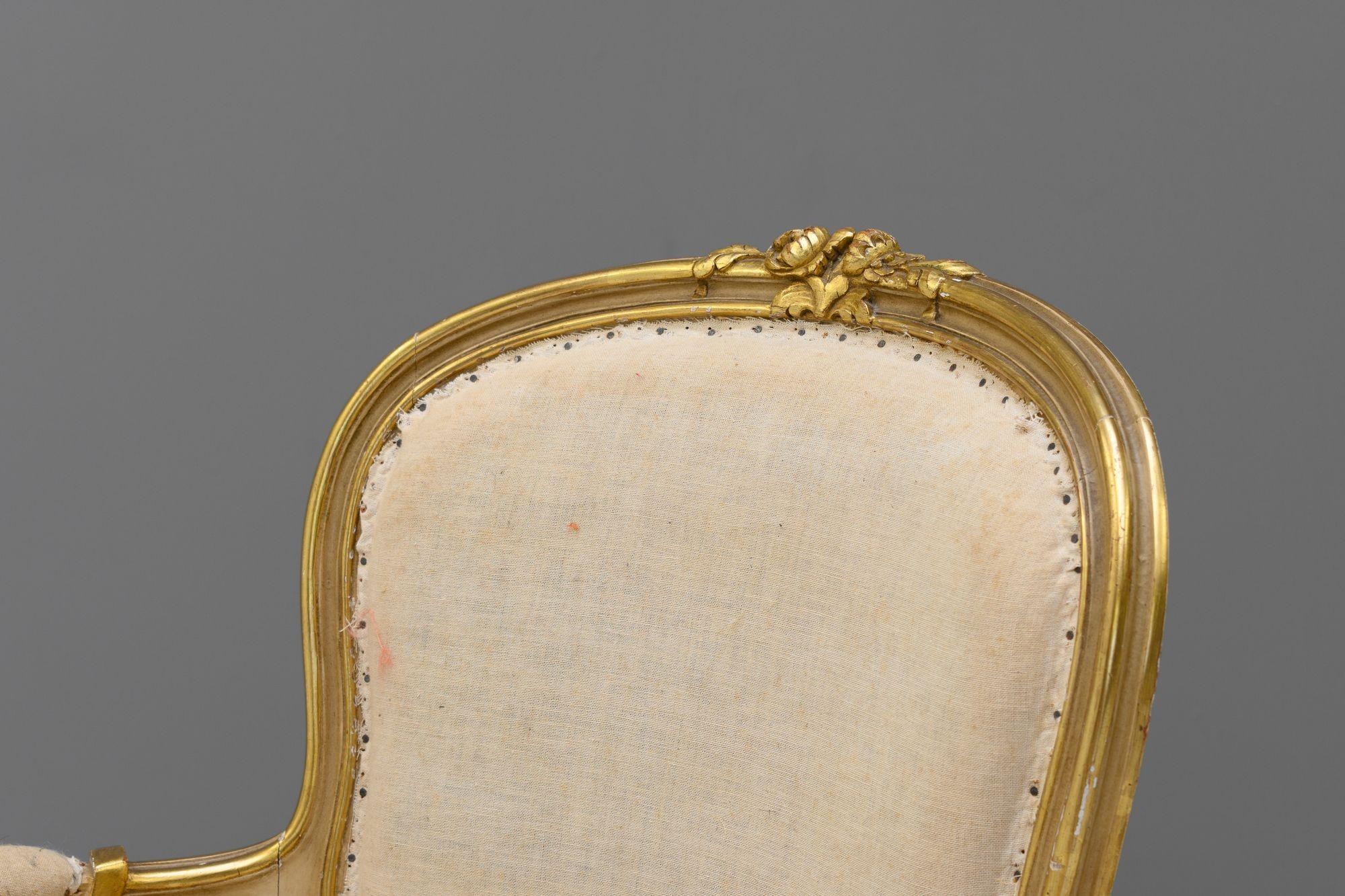 Pair of French salon open armchairs in original gilding and paint finish. Circa 1890
H 87cm (SH 42cm) x W 60cm x D 57cm