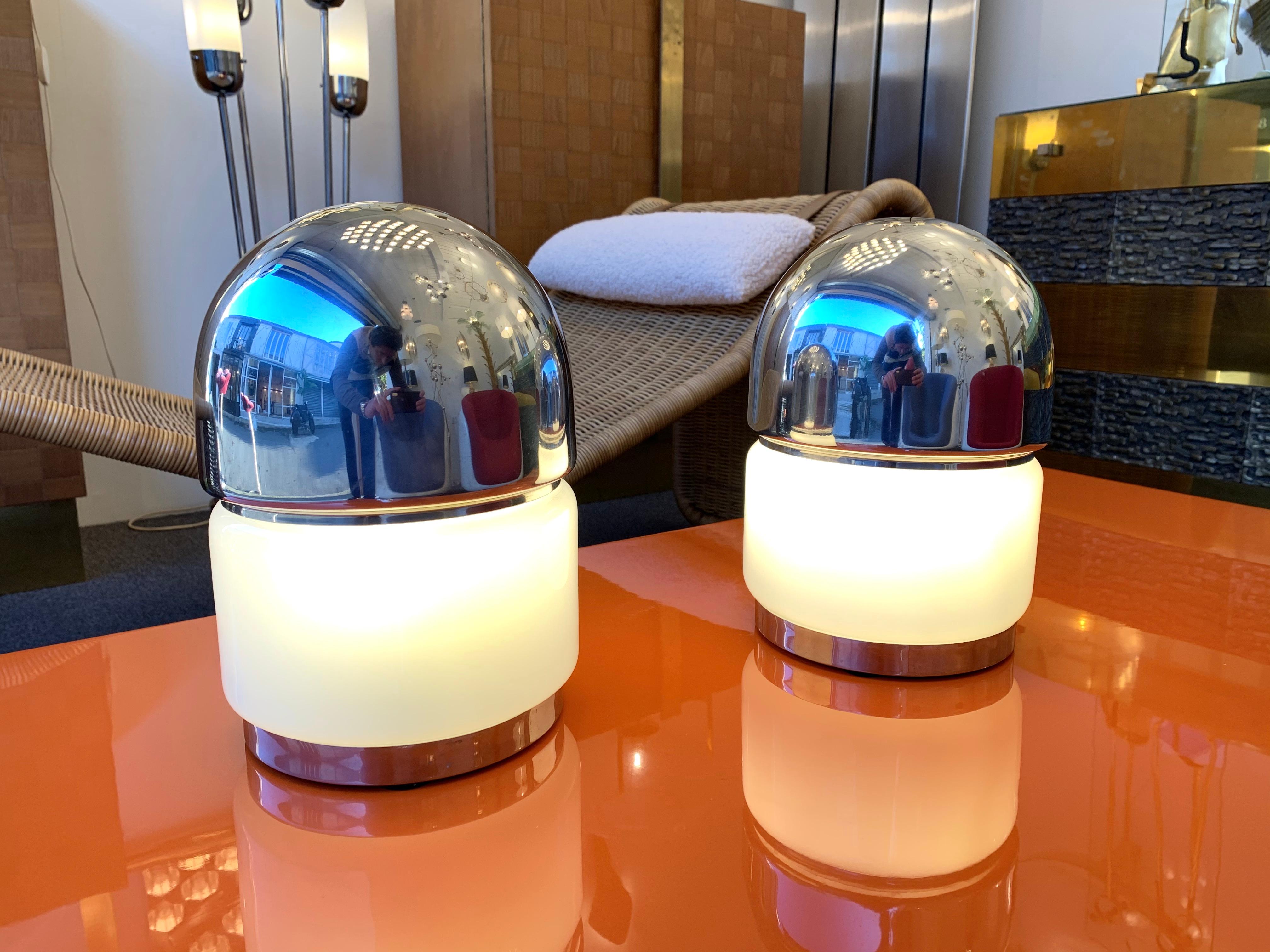 Pair of Salt and Pepper Lamps Metal Opaline Glass by Reggiani, Italy, 1970 4