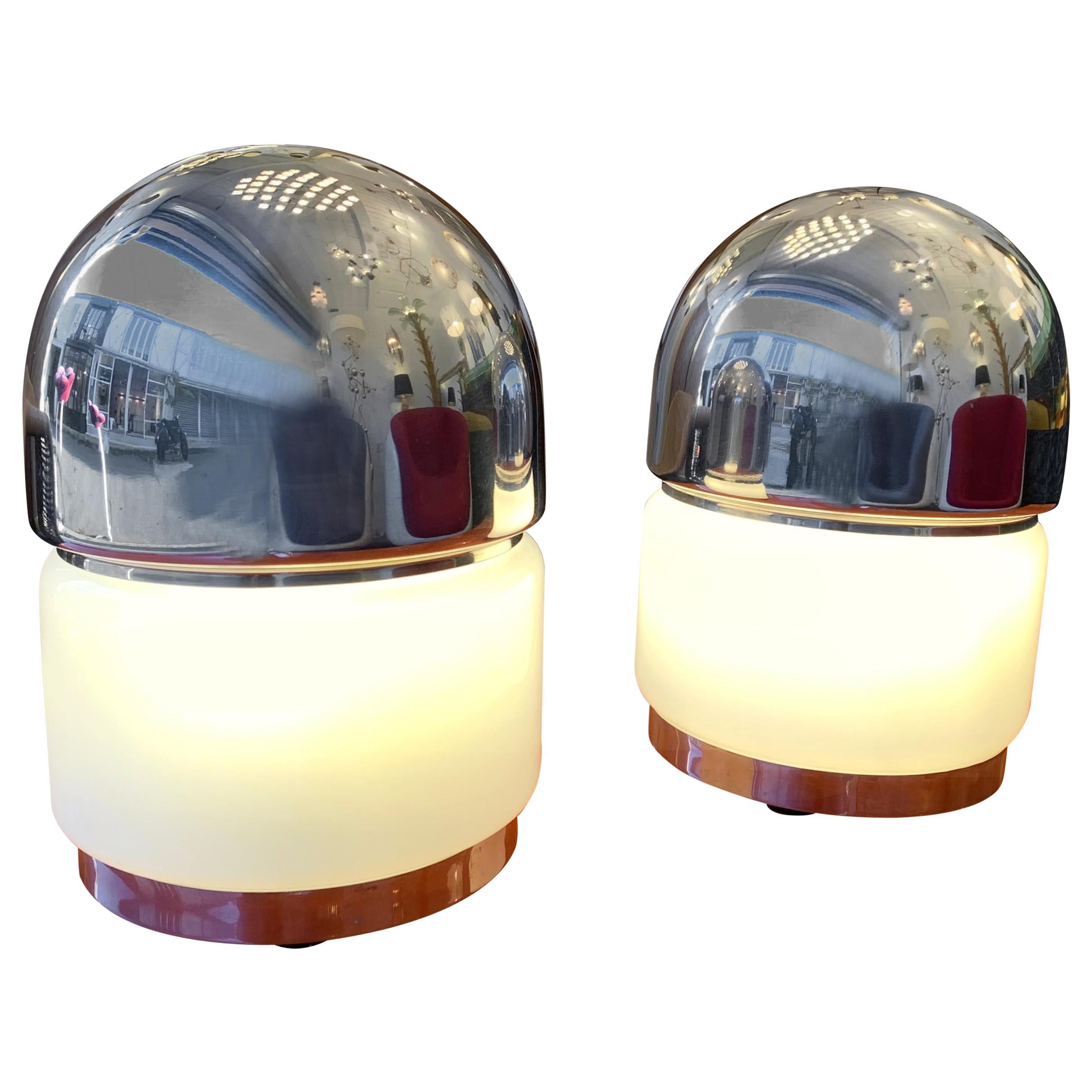 Pair of Salt and Pepper Lamps Metal Opaline Glass by Reggiani, Italy, 1970