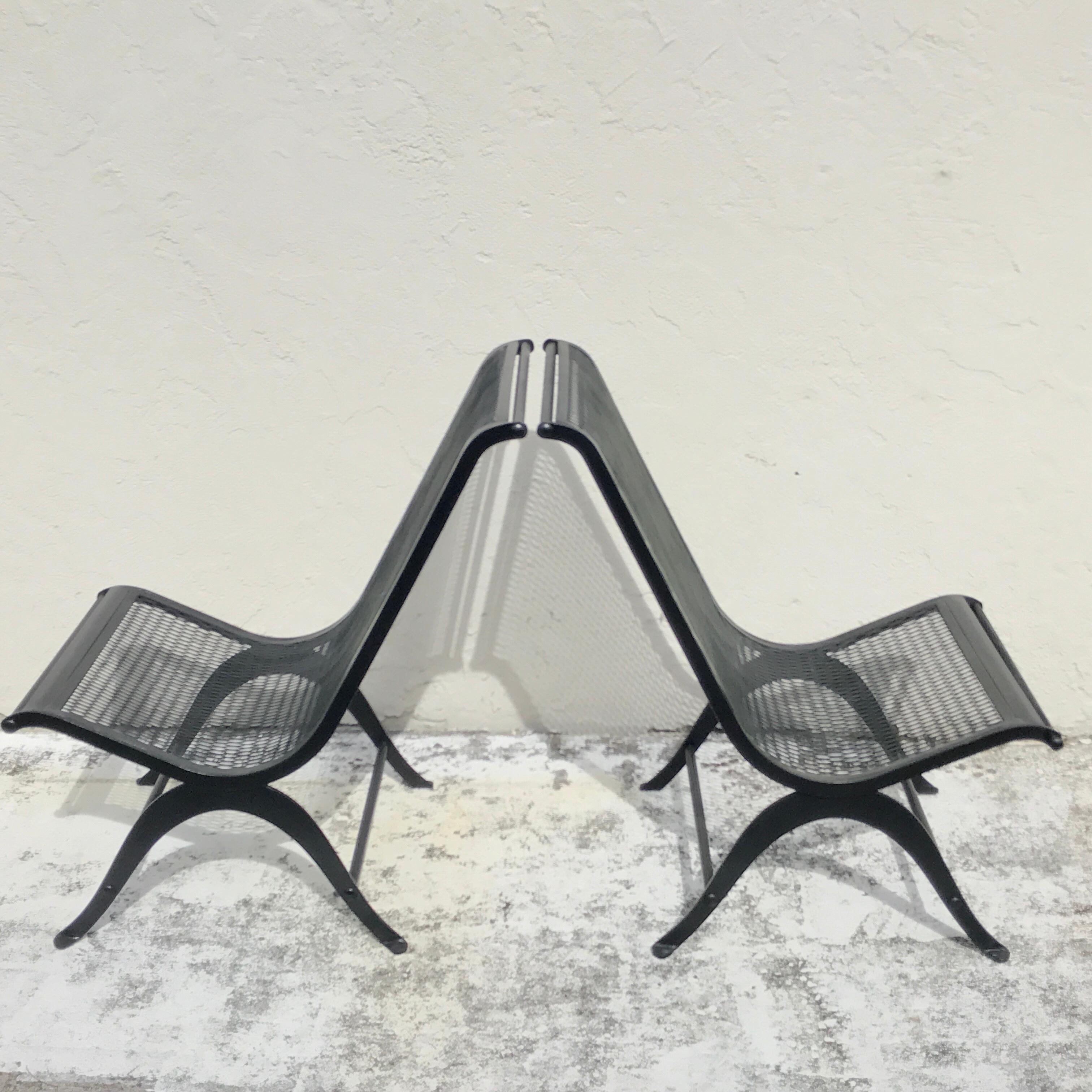 Mid-Century Modern Pair of Salterini Curule Wrought Iron Lounge Chairs