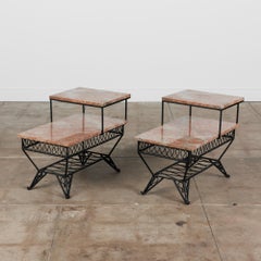 Pair of Salterini Style "Ribbon" Patio Side Tables with Marble Table Tops