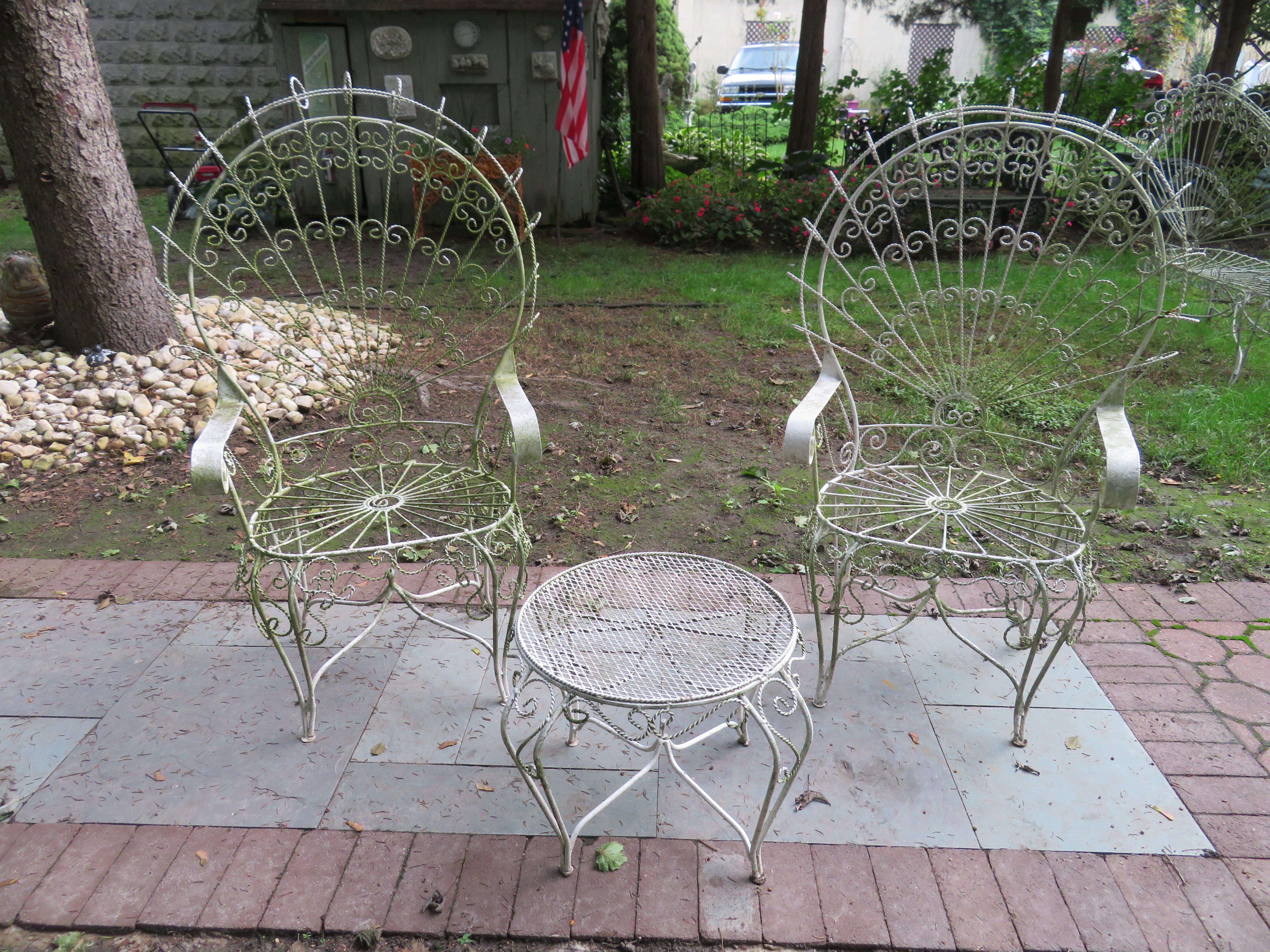 Pair of Salterini Style Wrought Iron Fan Back Peacock Patio Chairs and Table 3