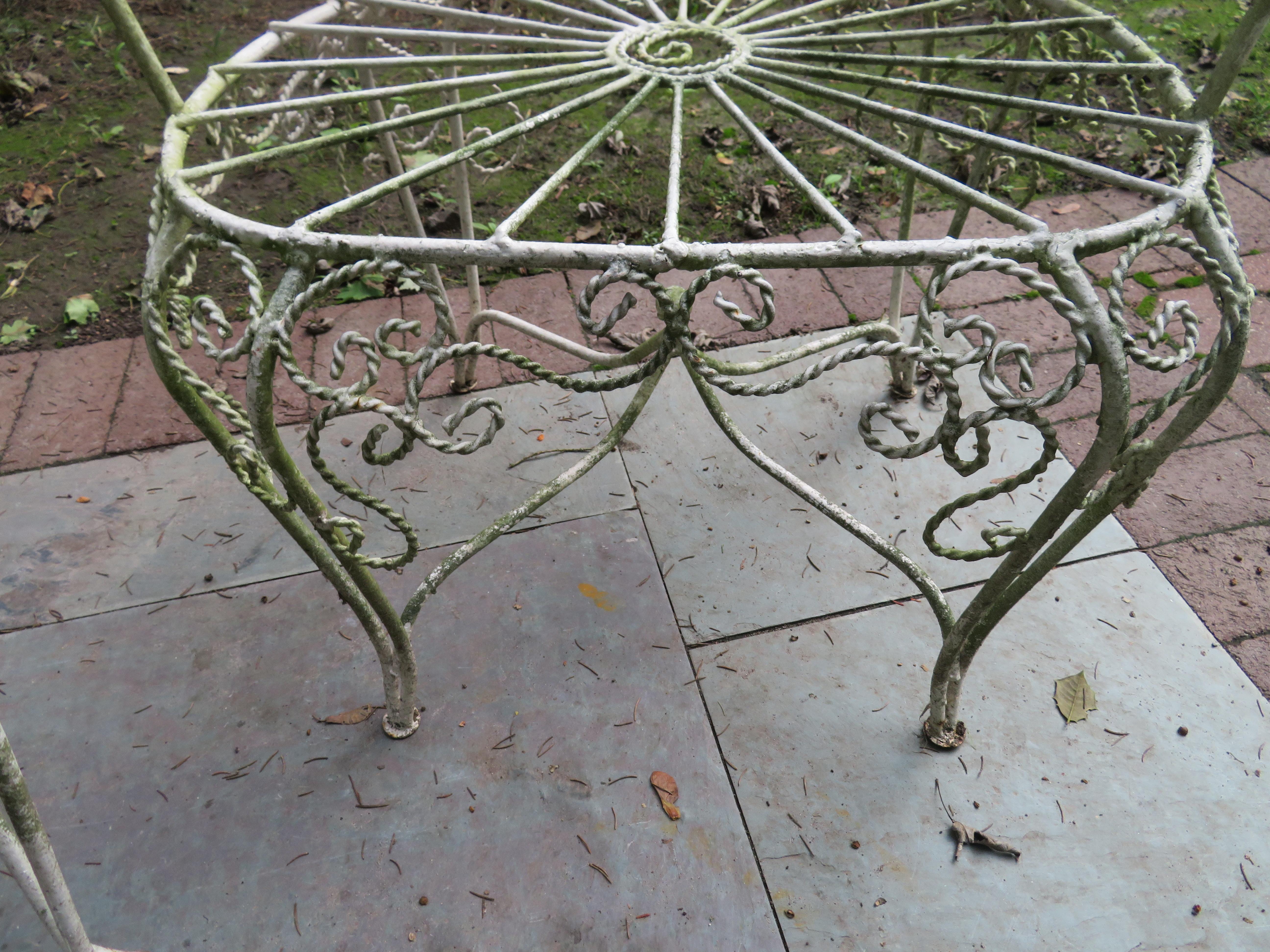 Victorian Pair of Salterini Style Wrought Iron Fan Back Peacock Patio Chairs and Table