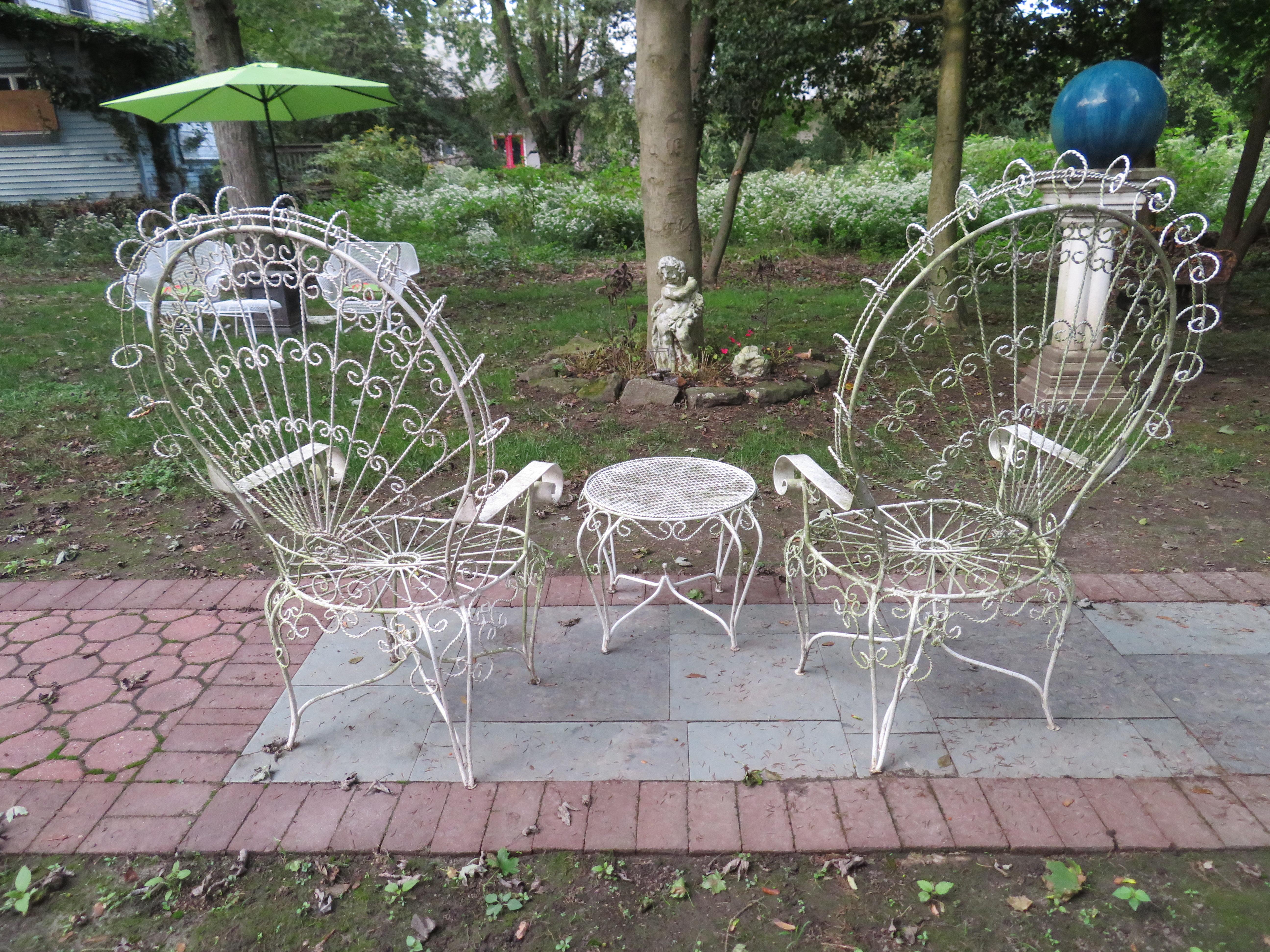 Painted Pair of Salterini Style Wrought Iron Fan Back Peacock Patio Chairs and Table