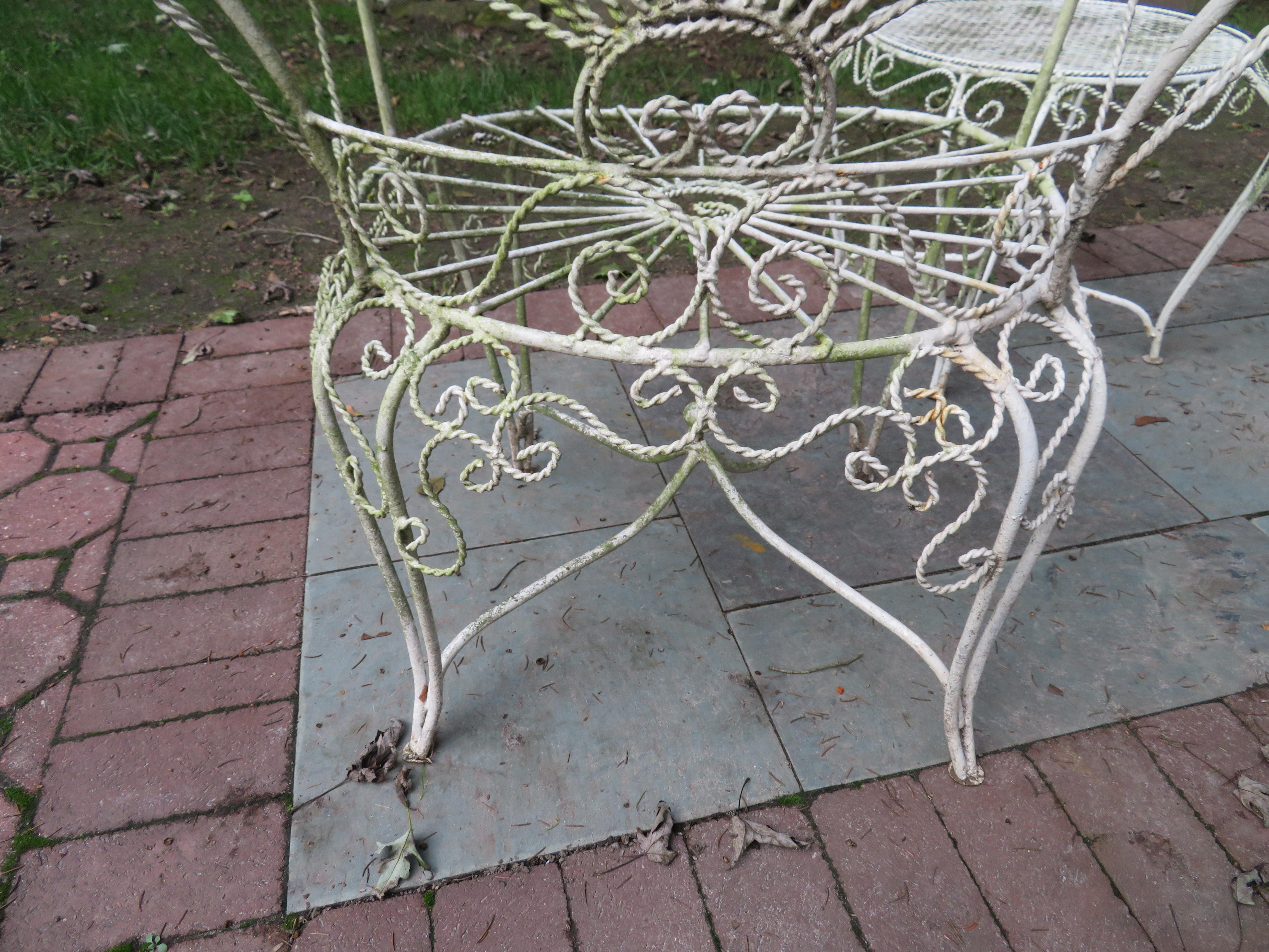 Pair of Salterini Style Wrought Iron Fan Back Peacock Patio Chairs and Table In Good Condition In Pemberton, NJ