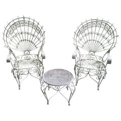 Vintage Pair of Salterini Style Wrought Iron Fan Back Peacock Patio Chairs and Table