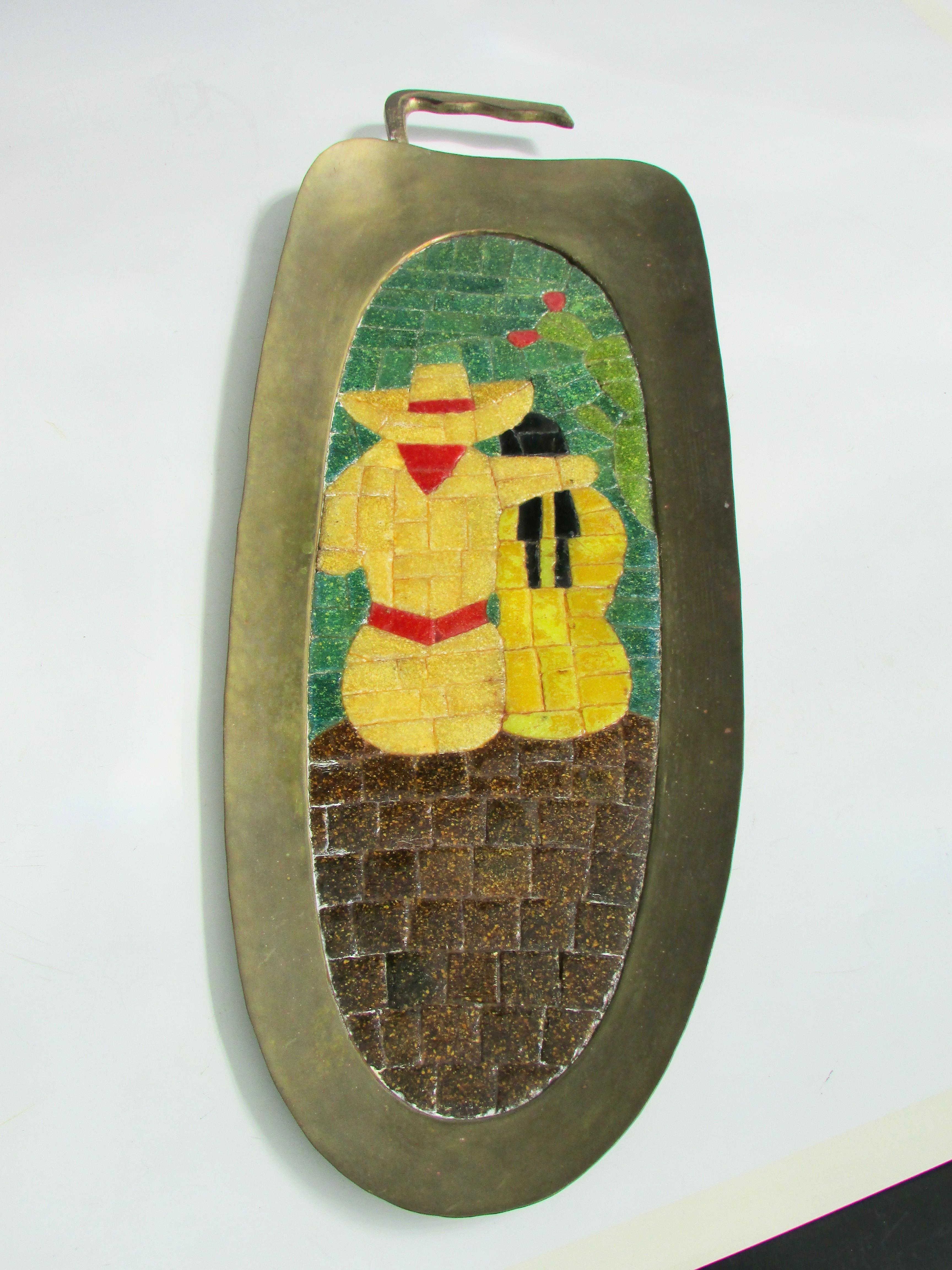 Pair of Salvador Teran Wall Hanging Brass Mosaic Trays Los Castillos Taxco In Good Condition For Sale In Ferndale, MI